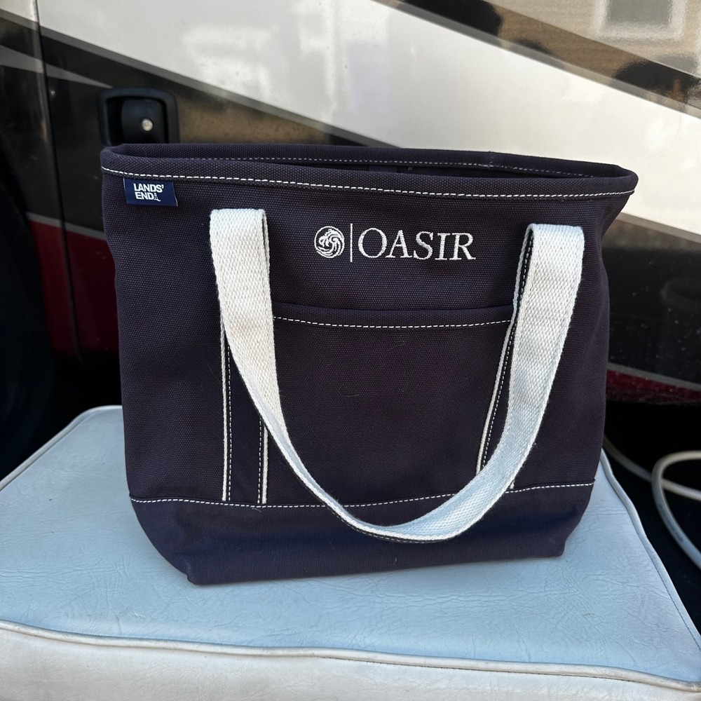 Lands End Navy Blue Canvas Tote Bag OASIR Embroidered Logo Open Top Travel Bag‎